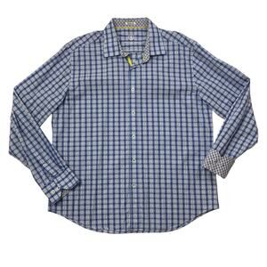 Bugatchi Uomo Shirt Navy Blue XL Checked Cotton Flip Cuff Button Up Shaped Fit